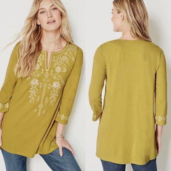J. Jill Soft Knit Split Neck Embroidered Tunic 3/4 Sleeve Sour Apple Size S Boho - Picture 1 of 13